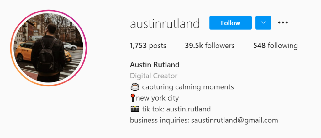 Austin Rutland example of good social media, instagram bio