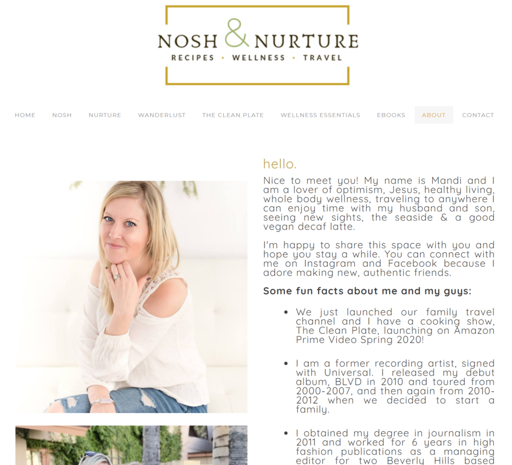 nosh & nurture about page is a good example to model for your content business.