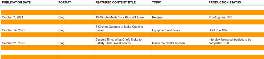 Sample editorial calendar for your content plan