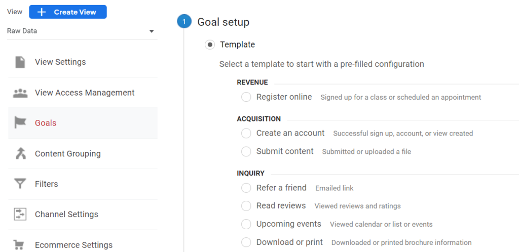 Goal setup in Google Analytics example 