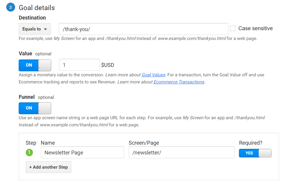 Goal details example in Google Analytics