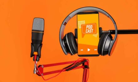 podcast audience: microphone, headphones, podcast app on screen of phone